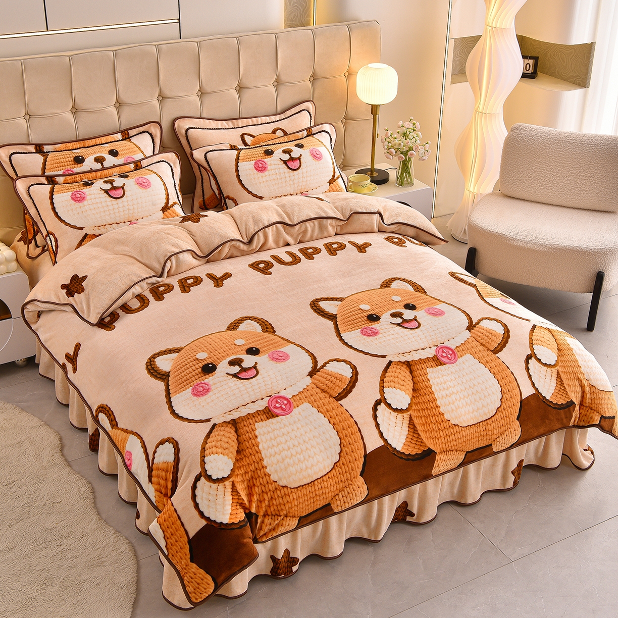 91家纺网 家纺一手货源 找家纺 博兰蒂 2025新款床裙款高克重牛奶绒印花四件套 旺柴