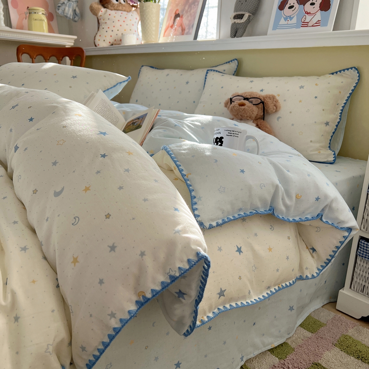 91家纺网 家纺一手货源 找家纺 曼之夏 2026新款全棉纯棉有氧双层纱贝壳边四件套 贝壳边星月