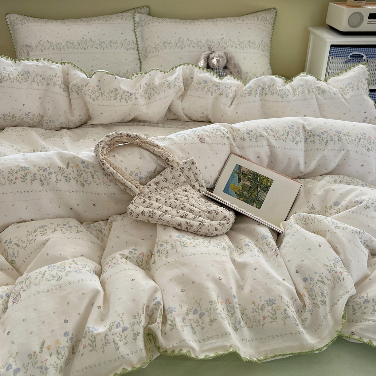 91家纺网 家纺一手货源 找家纺 曼之夏 2026新款全棉纯棉有氧双层纱贝壳边四件套 贝壳边陌上花开