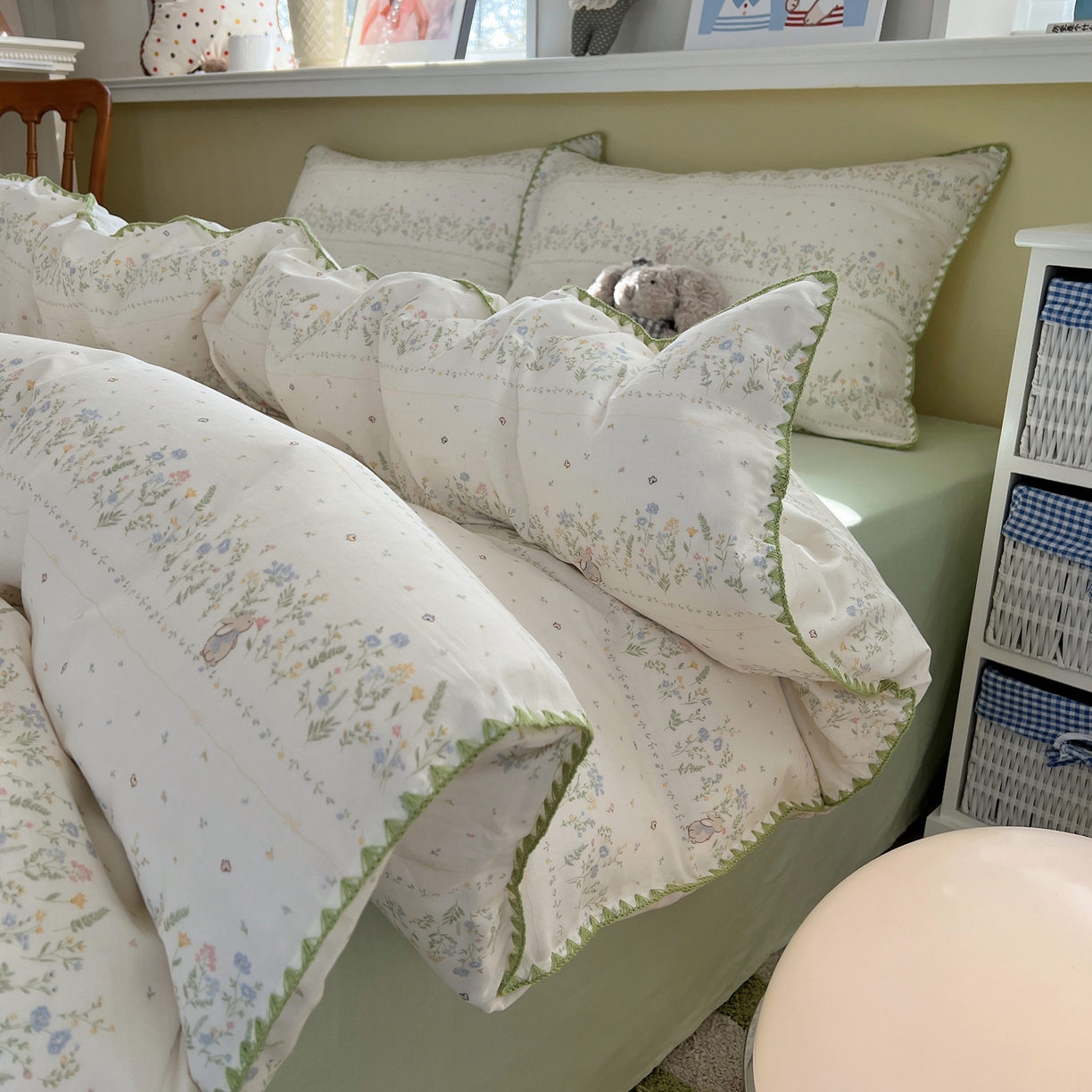 91家纺网 家纺一手货源 找家纺 曼之夏 2026新款全棉纯棉有氧双层纱贝壳边四件套 贝壳边陌上花开