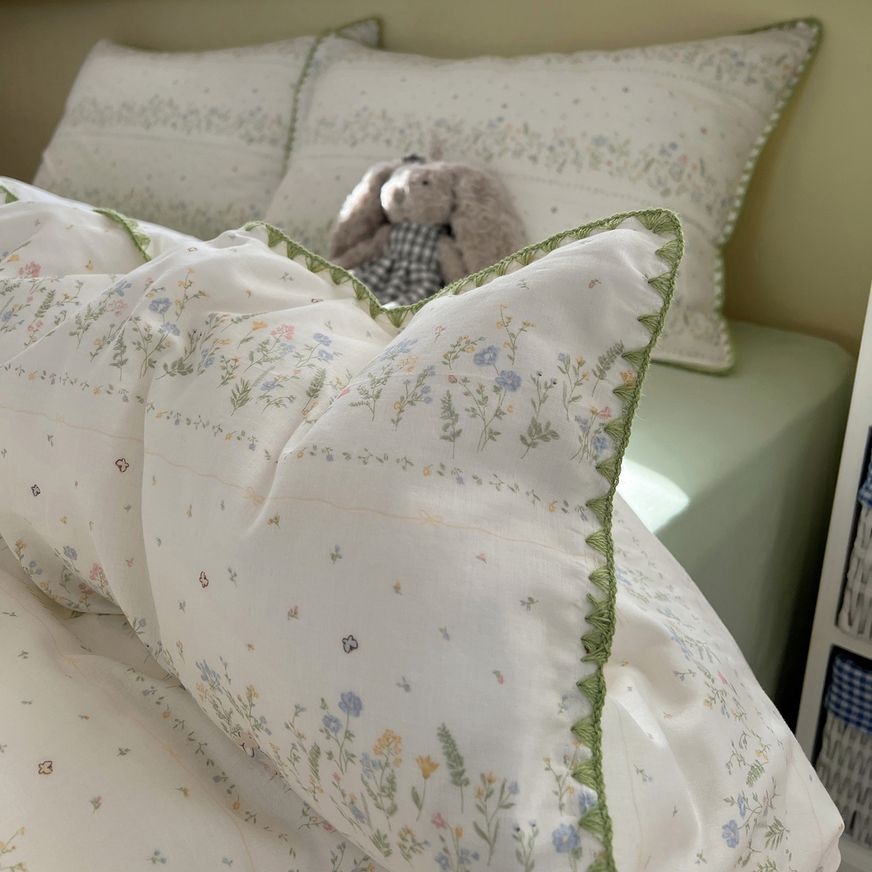 91家纺网 家纺一手货源 找家纺 曼之夏 2026新款全棉纯棉有氧双层纱贝壳边四件套 贝壳边陌上花开