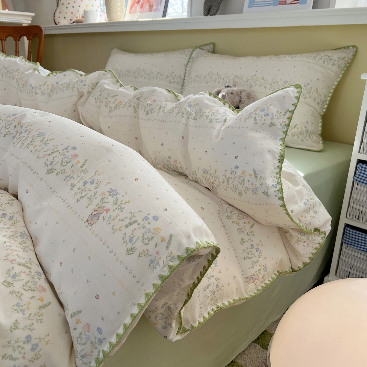 91家纺网 家纺一手货源 找家纺 曼之夏 2026新款全棉纯棉有氧双层纱贝壳边四件套 贝壳边陌上花开