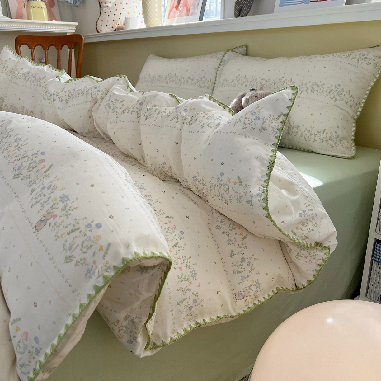 91家纺网 家纺一手货源 找家纺 曼之夏 2026新款全棉纯棉有氧双层纱贝壳边四件套 贝壳边陌上花开