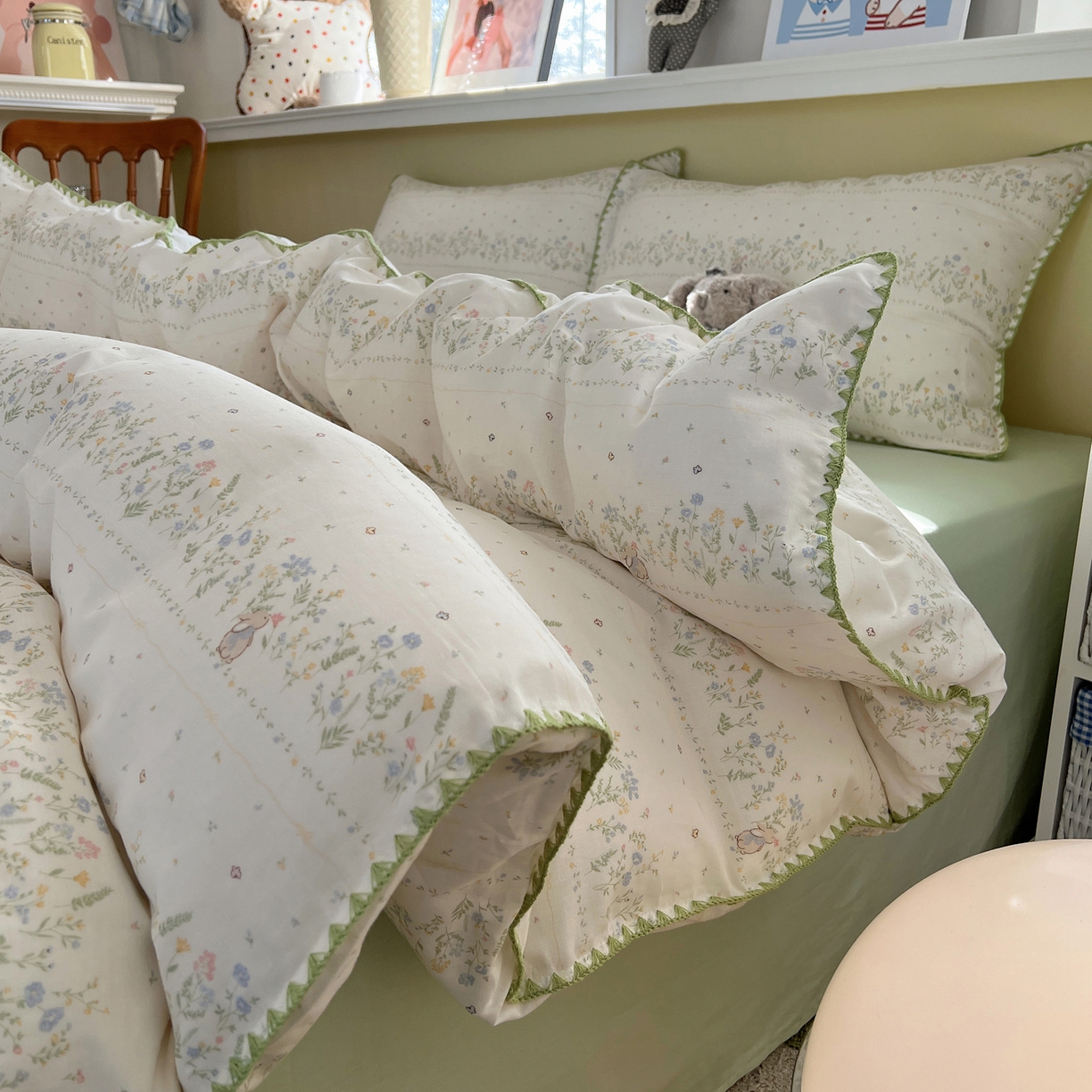 91家纺网 家纺一手货源 找家纺 曼之夏 2026新款全棉纯棉有氧双层纱贝壳边四件套 贝壳边陌上花开