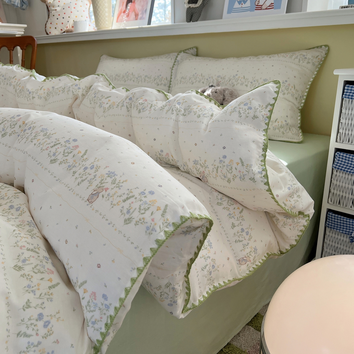 91家纺网 家纺一手货源 找家纺 曼之夏 2026新款全棉纯棉有氧双层纱贝壳边四件套 贝壳边陌上花开