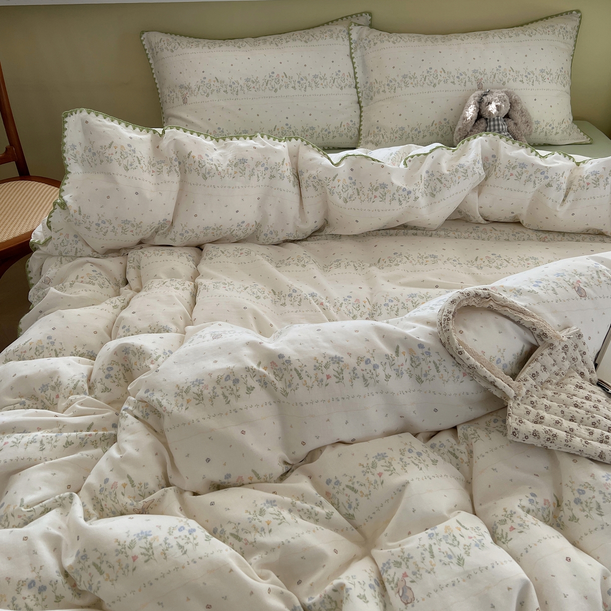 91家纺网 家纺一手货源 找家纺 曼之夏 2026新款全棉纯棉有氧双层纱贝壳边四件套 贝壳边陌上花开