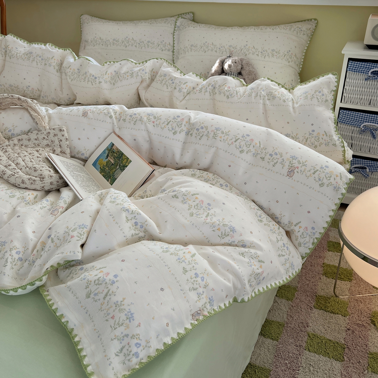 91家纺网 家纺一手货源 找家纺 曼之夏 2026新款全棉纯棉有氧双层纱贝壳边四件套 贝壳边陌上花开