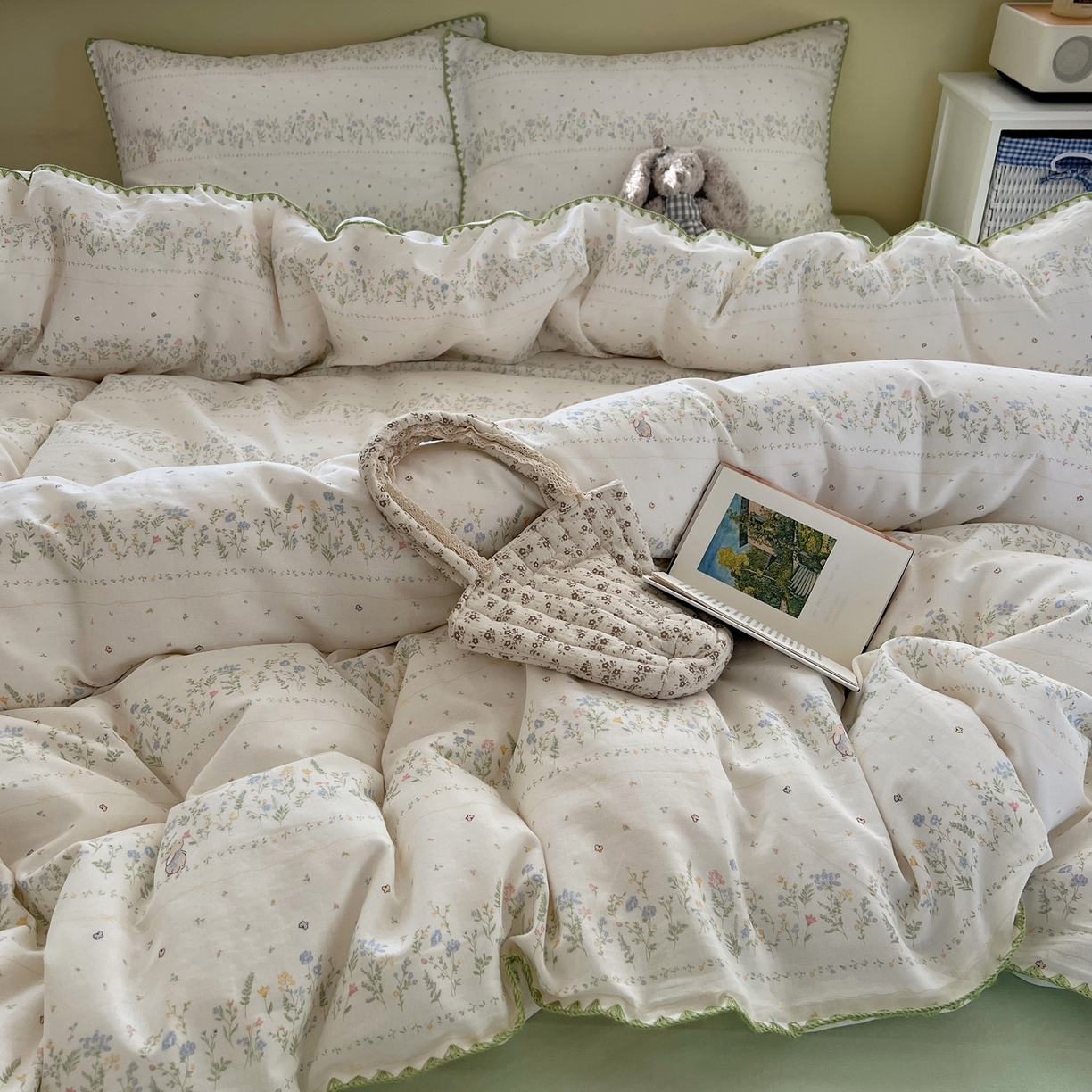 91家纺网 家纺一手货源 找家纺 曼之夏 2026新款全棉纯棉有氧双层纱贝壳边四件套 贝壳边陌上花开