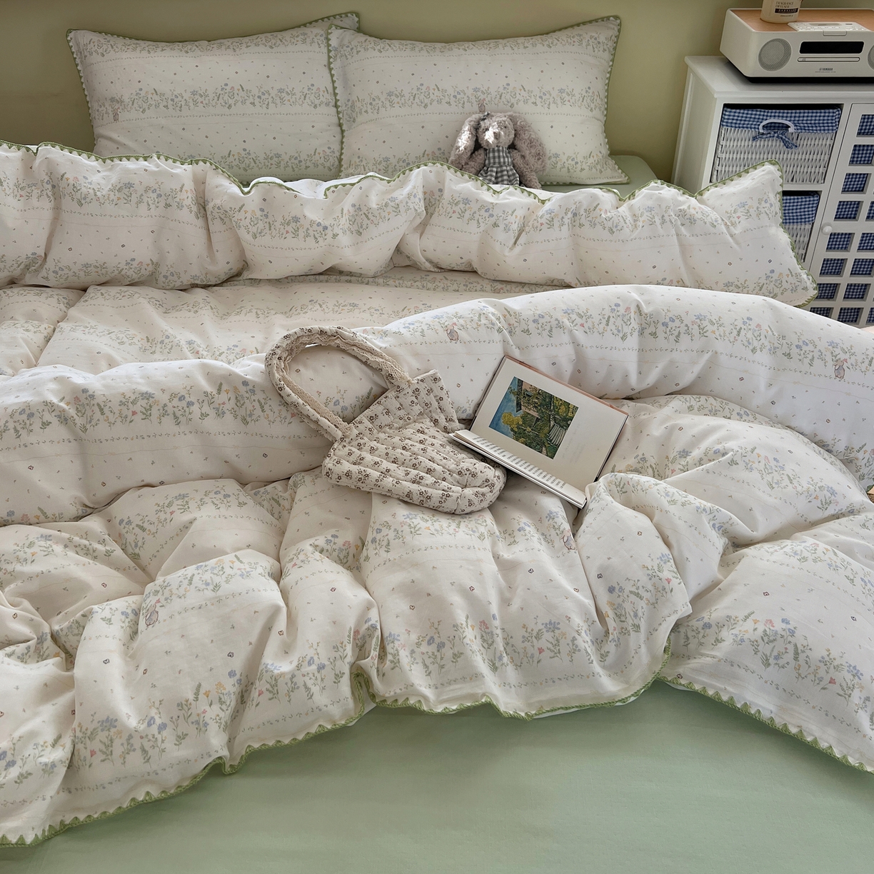 91家纺网 家纺一手货源 找家纺 曼之夏 2026新款全棉纯棉有氧双层纱贝壳边四件套 贝壳边陌上花开