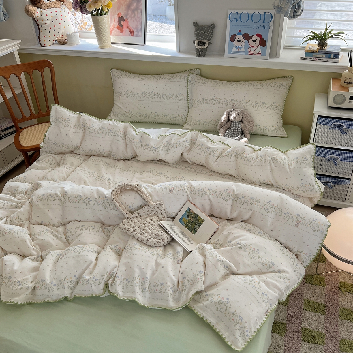 91家纺网 家纺一手货源 找家纺 曼之夏 2026新款全棉纯棉有氧双层纱贝壳边四件套 贝壳边陌上花开