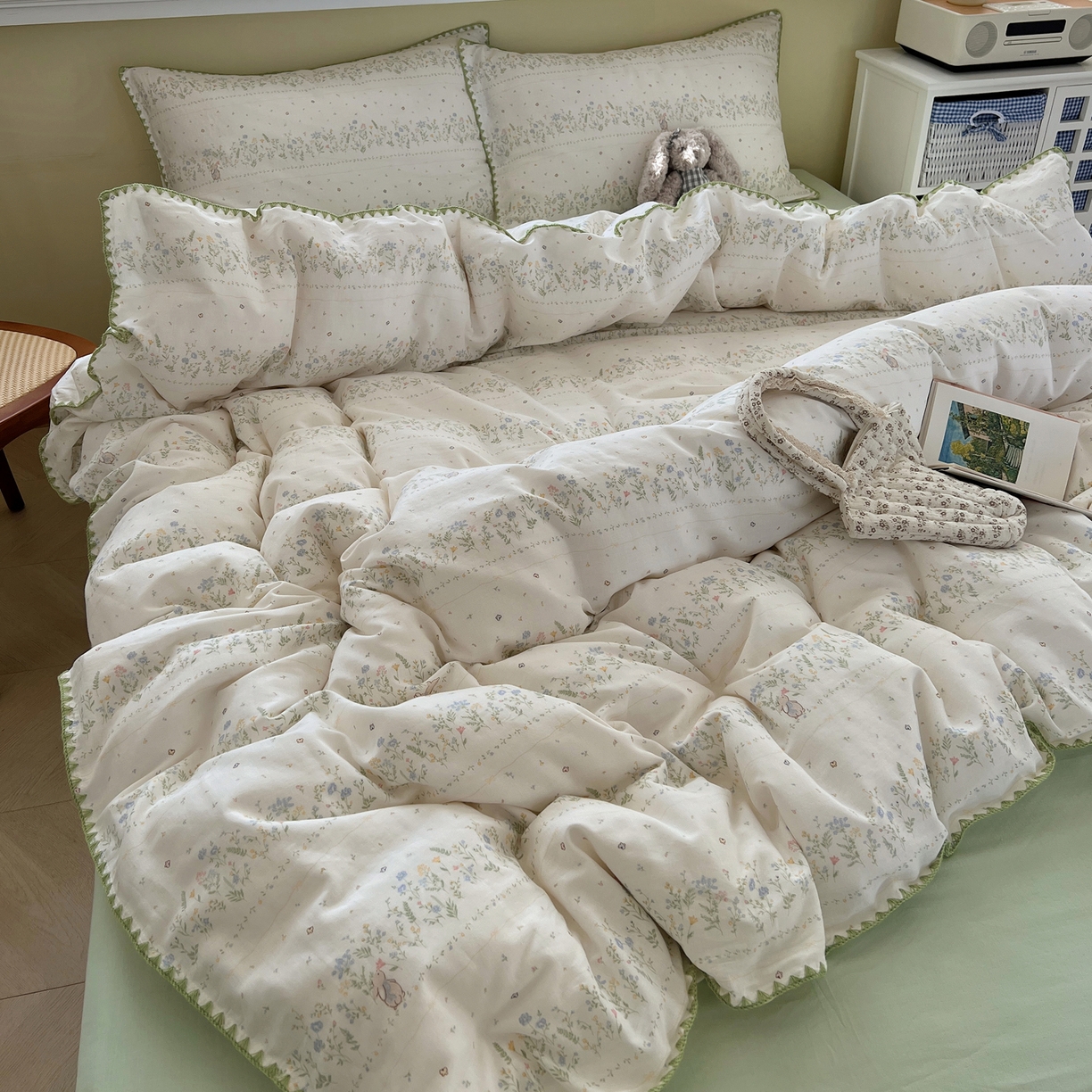 91家纺网 家纺一手货源 找家纺 曼之夏 2026新款全棉纯棉有氧双层纱贝壳边四件套 贝壳边陌上花开