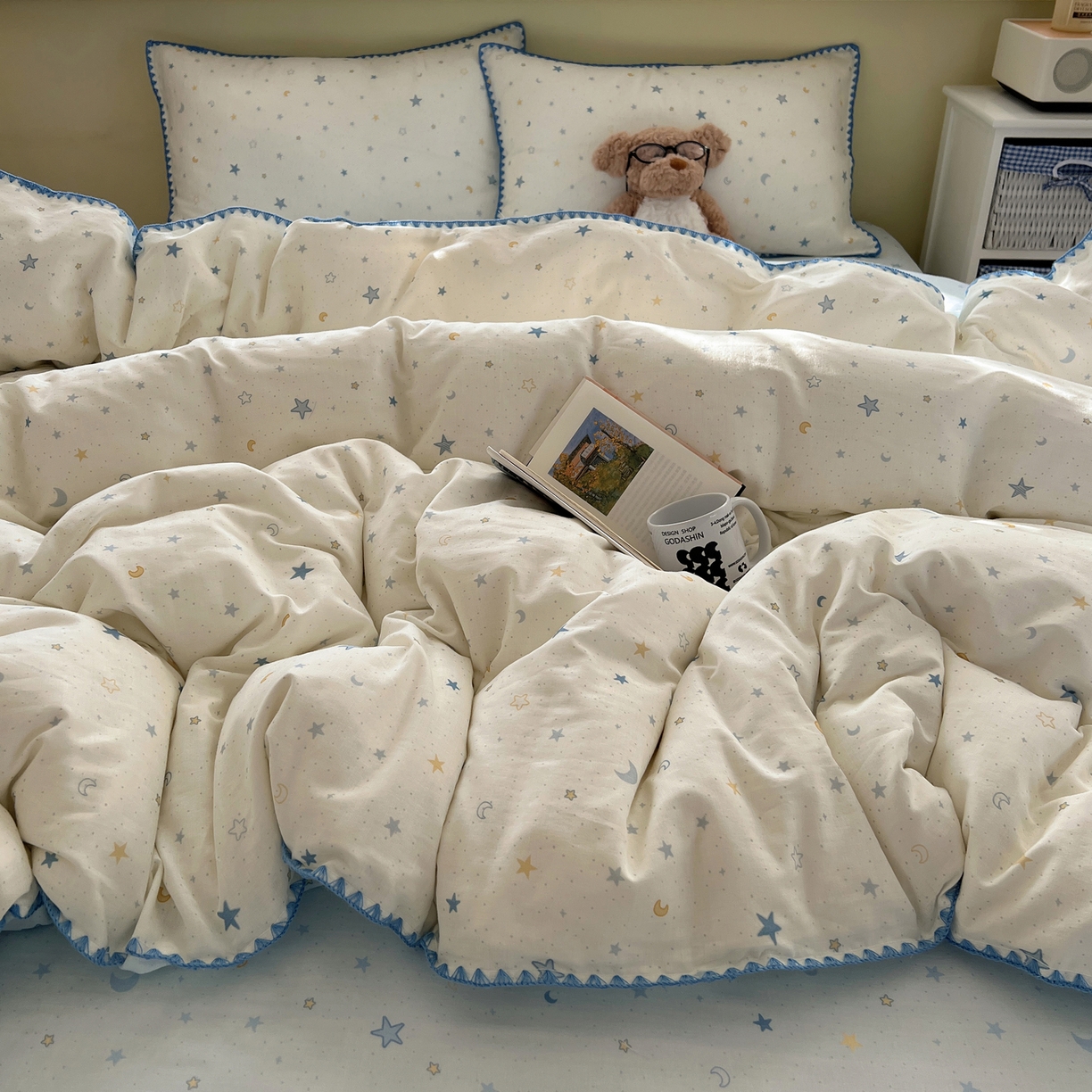 91家纺网 家纺一手货源 找家纺 曼之夏 2026新款全棉纯棉有氧双层纱贝壳边四件套 贝壳边星月