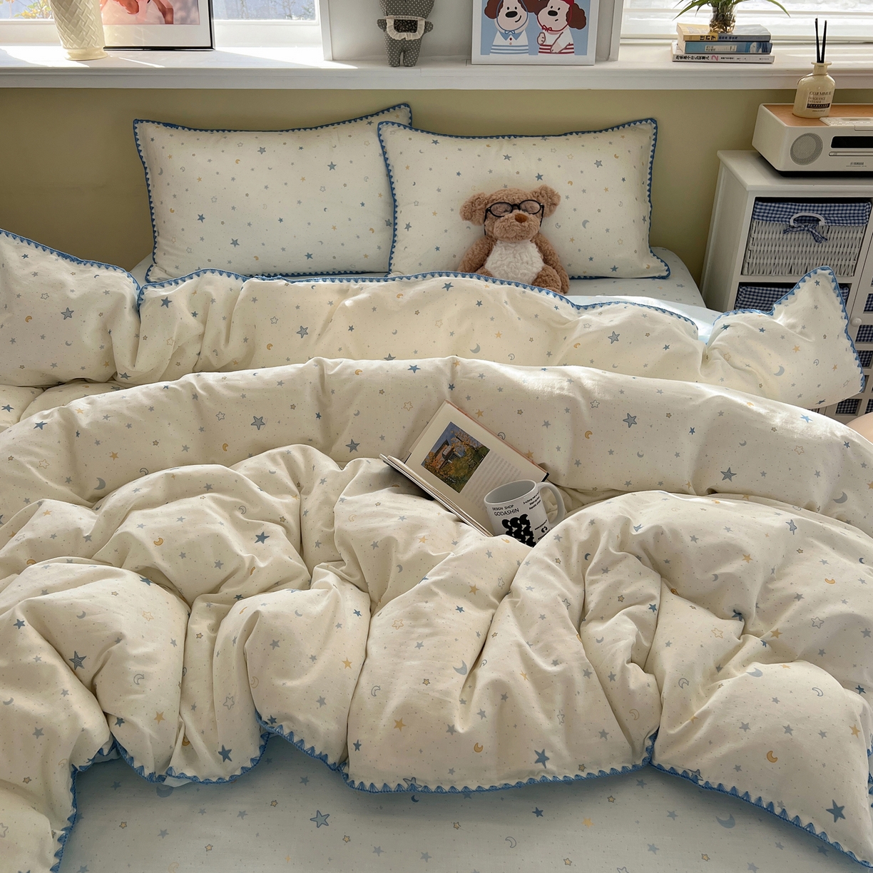 91家纺网 家纺一手货源 找家纺 曼之夏 2026新款全棉纯棉有氧双层纱贝壳边四件套 贝壳边星月