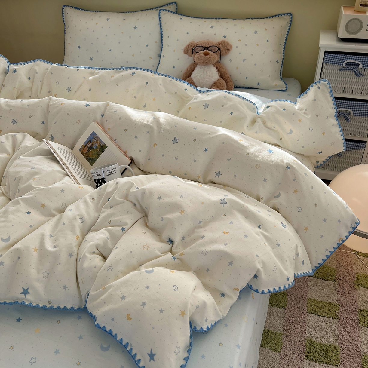 91家纺网 家纺一手货源 找家纺 曼之夏 2026新款全棉纯棉有氧双层纱贝壳边四件套 贝壳边星月