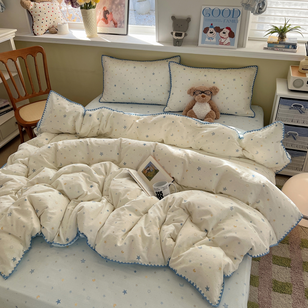 91家纺网 家纺一手货源 找家纺 曼之夏 2026新款全棉纯棉有氧双层纱贝壳边四件套 贝壳边星月