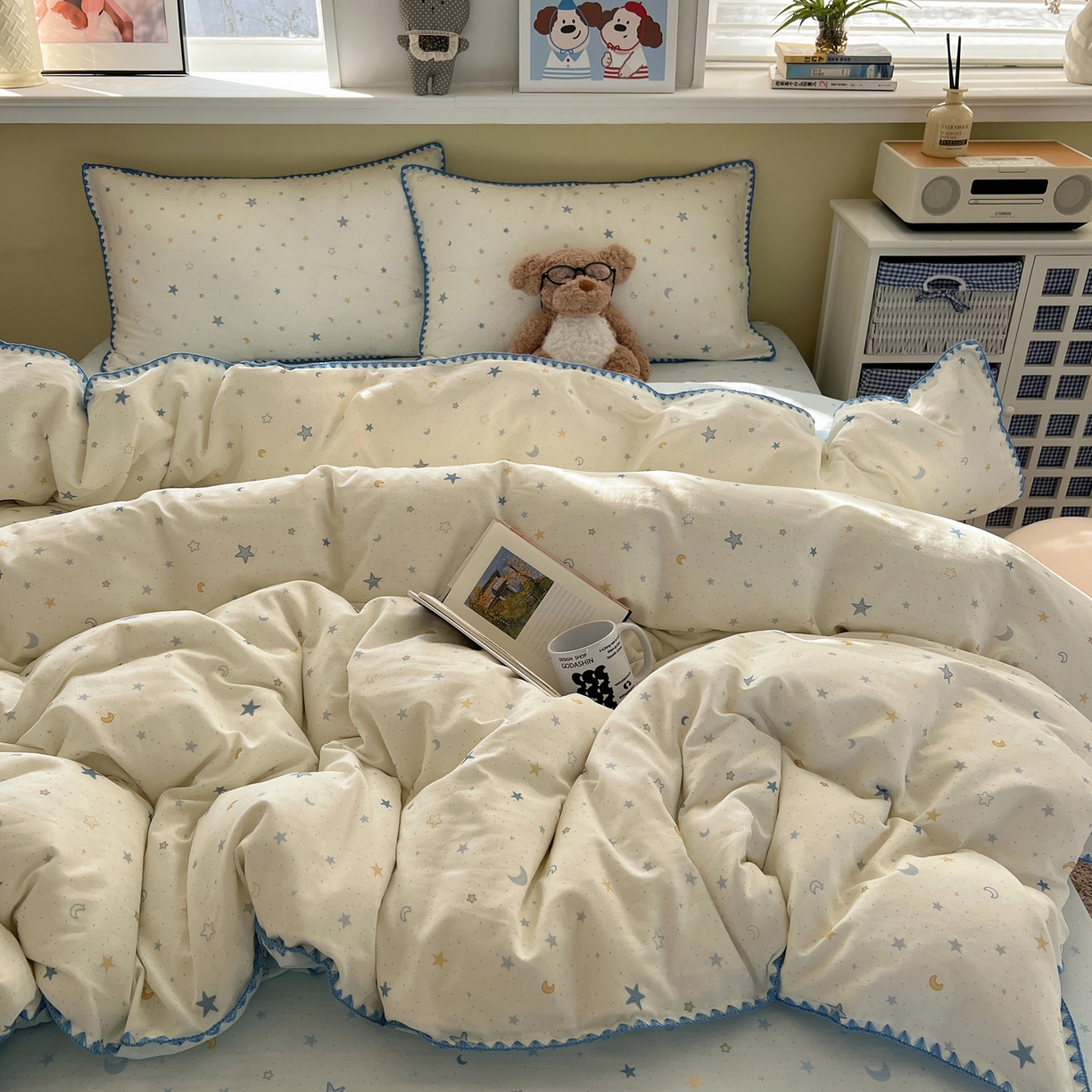 91家纺网 家纺一手货源 找家纺 曼之夏 2026新款全棉纯棉有氧双层纱贝壳边四件套 贝壳边星月