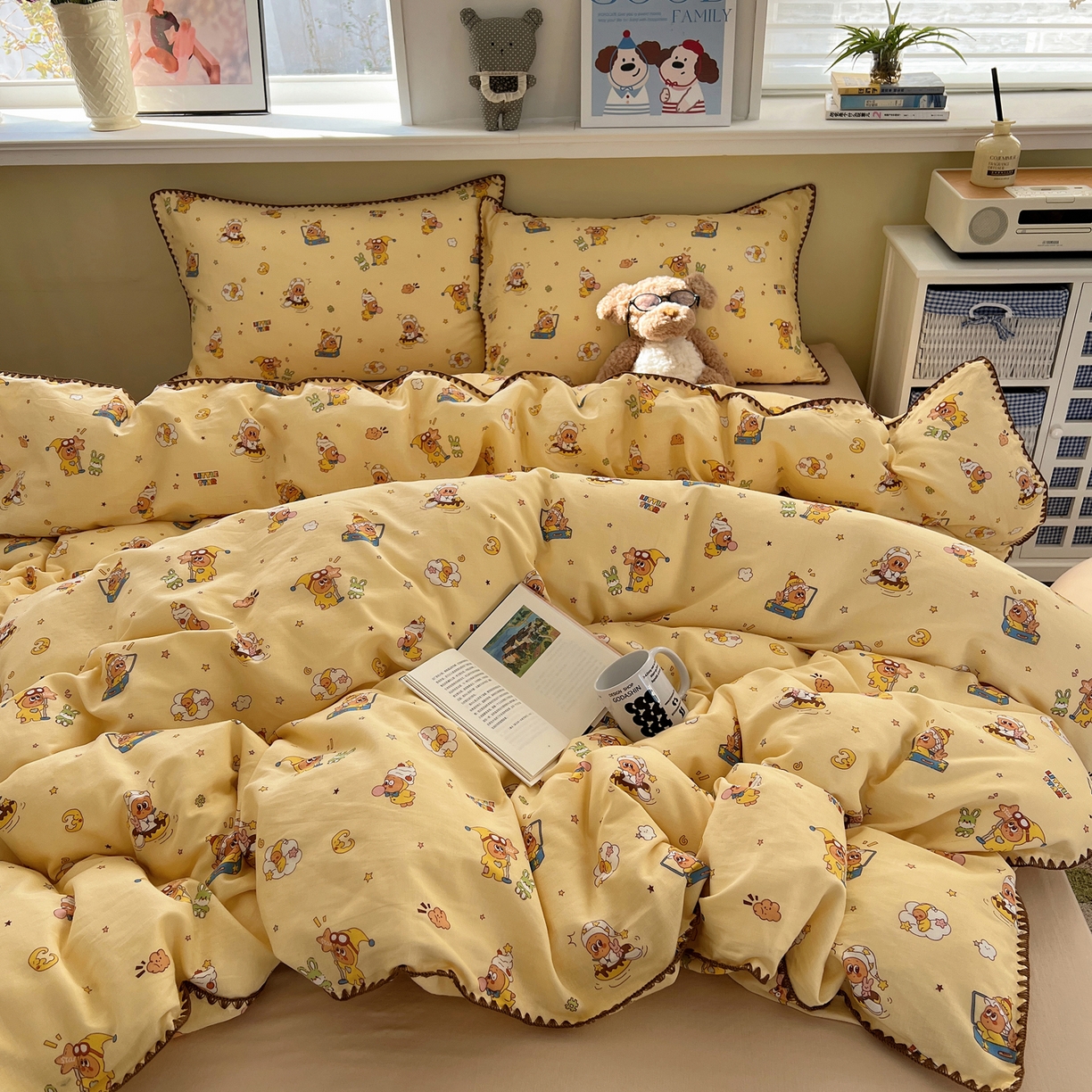 91家纺网 家纺一手货源 找家纺 曼之夏 2026新款全棉纯棉有氧双层纱贝壳边四件套 贝壳边星星人