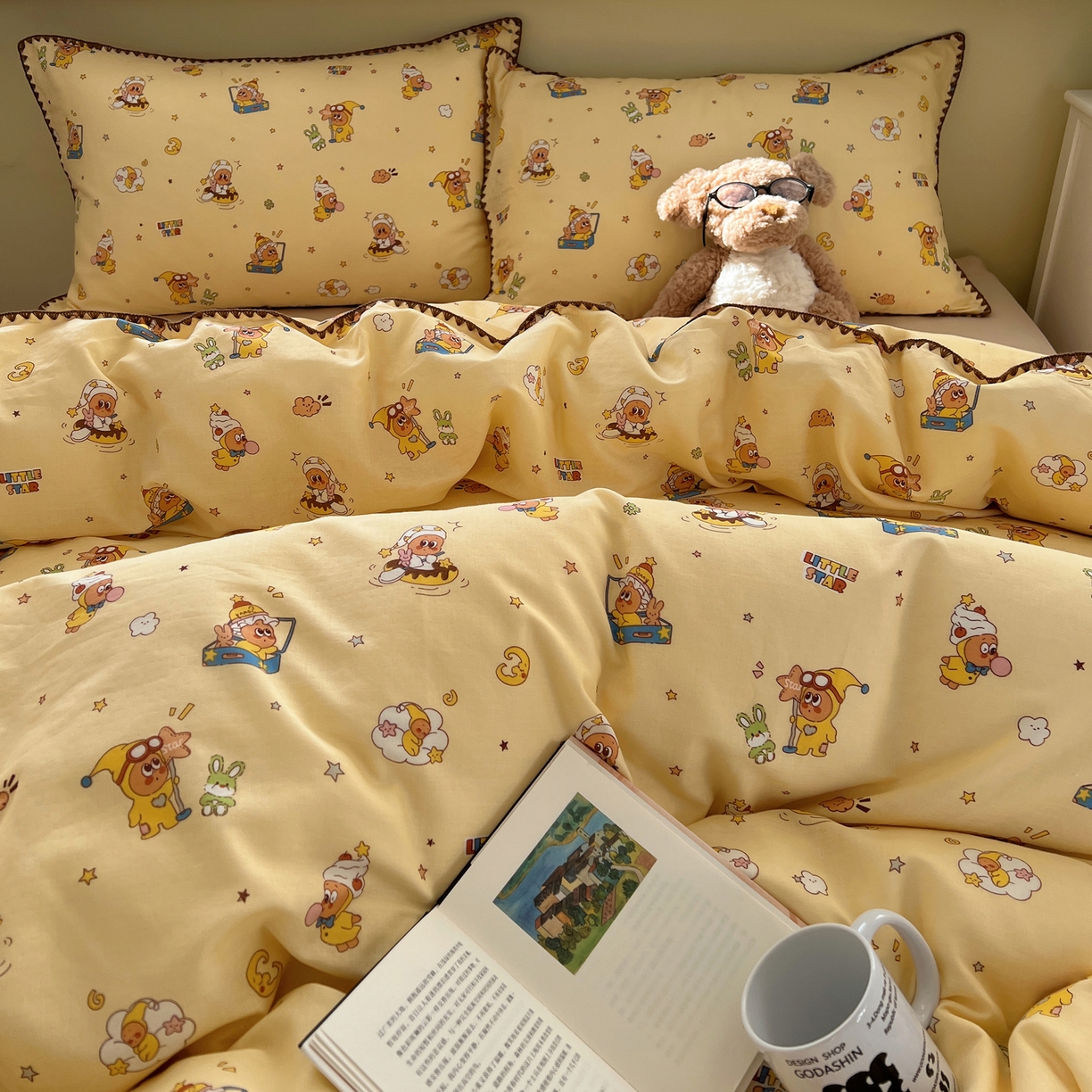 91家纺网 家纺一手货源 找家纺 曼之夏 2026新款全棉纯棉有氧双层纱贝壳边四件套 贝壳边星星人