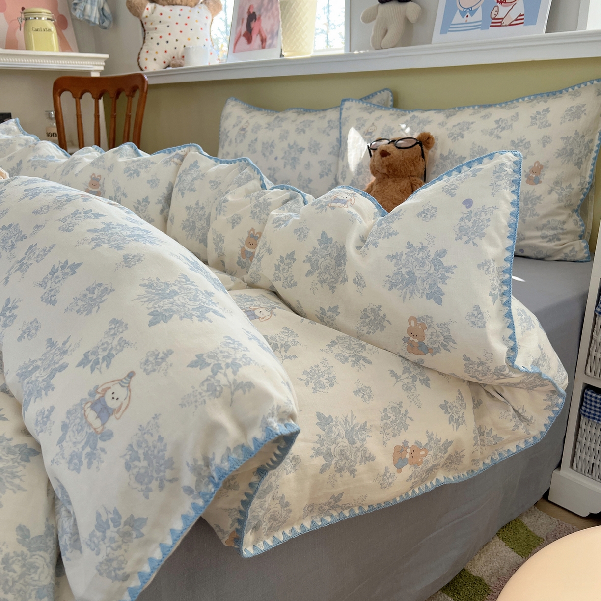 91家纺网 家纺一手货源 找家纺 曼之夏 2026新款全棉纯棉有氧双层纱贝壳边四件套 贝壳边森林兔