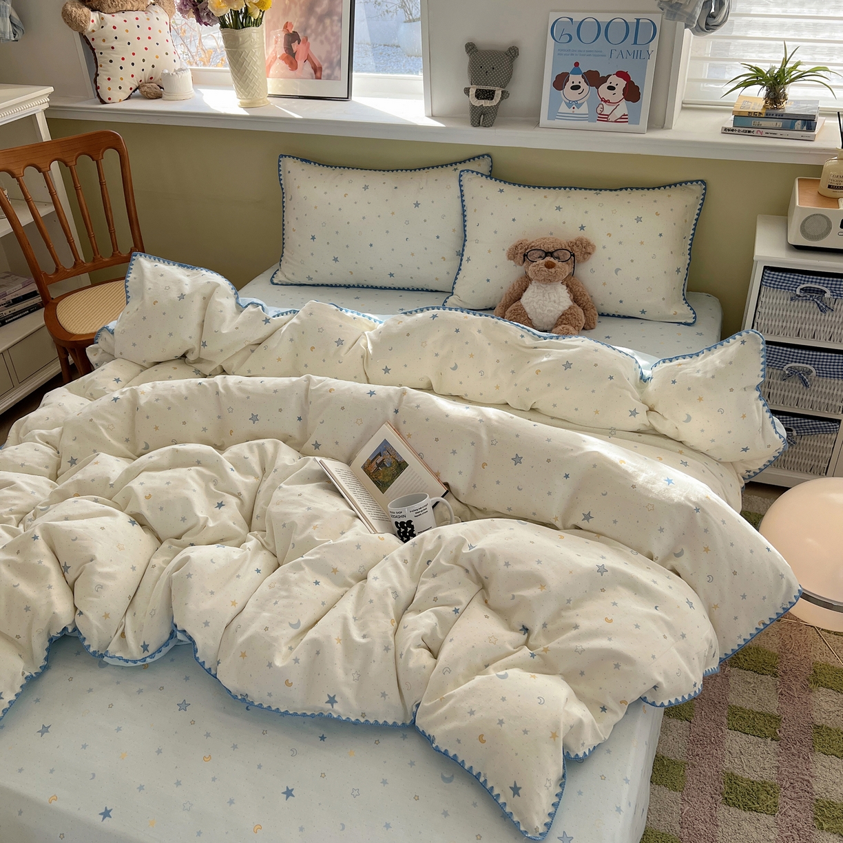 91家纺网 家纺一手货源 找家纺 曼之夏 2026新款全棉纯棉有氧双层纱贝壳边四件套 贝壳边星月