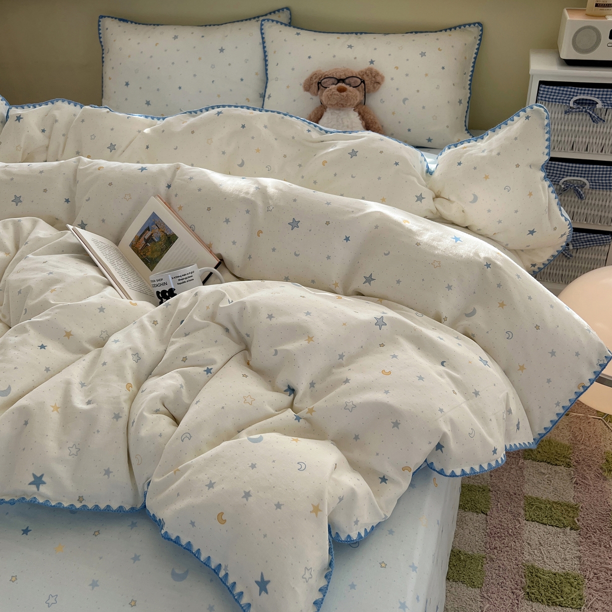 91家纺网 家纺一手货源 找家纺 曼之夏 2026新款全棉纯棉有氧双层纱贝壳边四件套 贝壳边星月