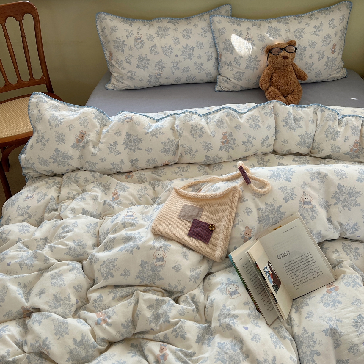 91家纺网 家纺一手货源 找家纺 曼之夏 2026新款全棉纯棉有氧双层纱贝壳边四件套 贝壳边森林兔