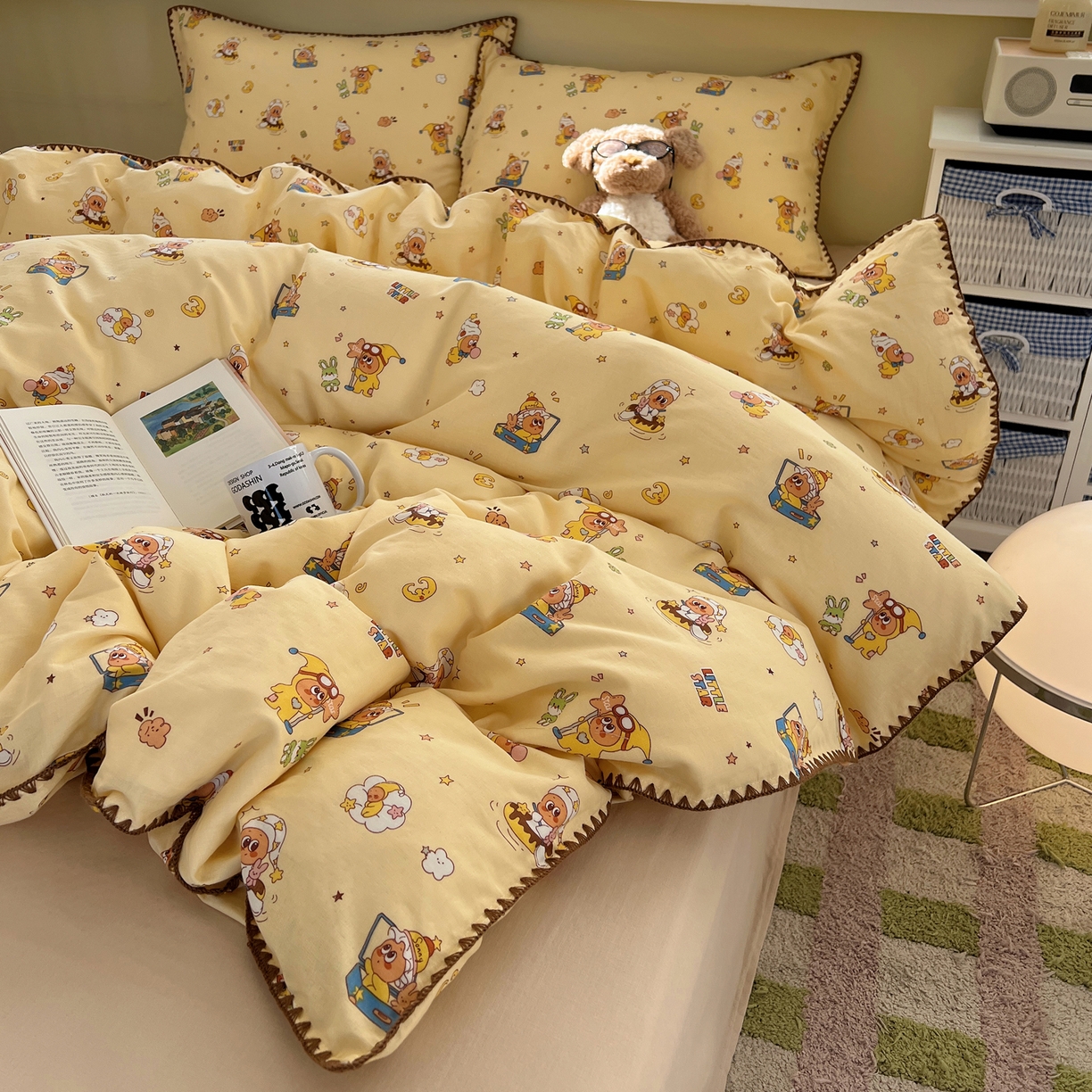 91家纺网 家纺一手货源 找家纺 曼之夏 2026新款全棉纯棉有氧双层纱贝壳边四件套 贝壳边星星人