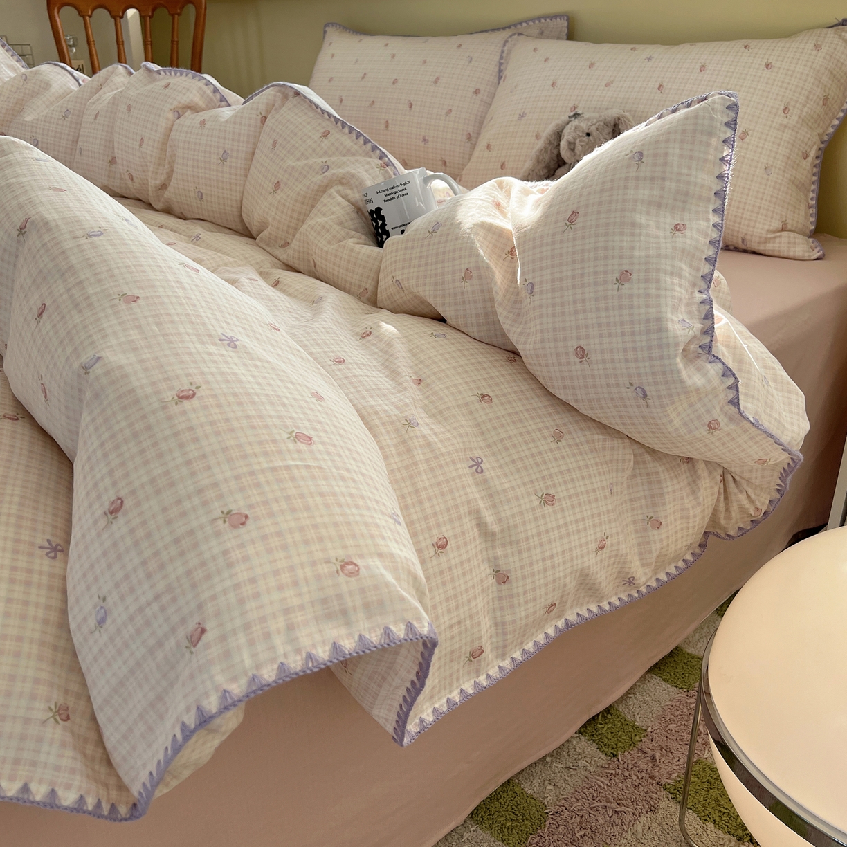 91家纺网 家纺一手货源 找家纺 曼之夏 2026新款全棉纯棉有氧双层纱贝壳边四件套 贝壳边玫瑰物语