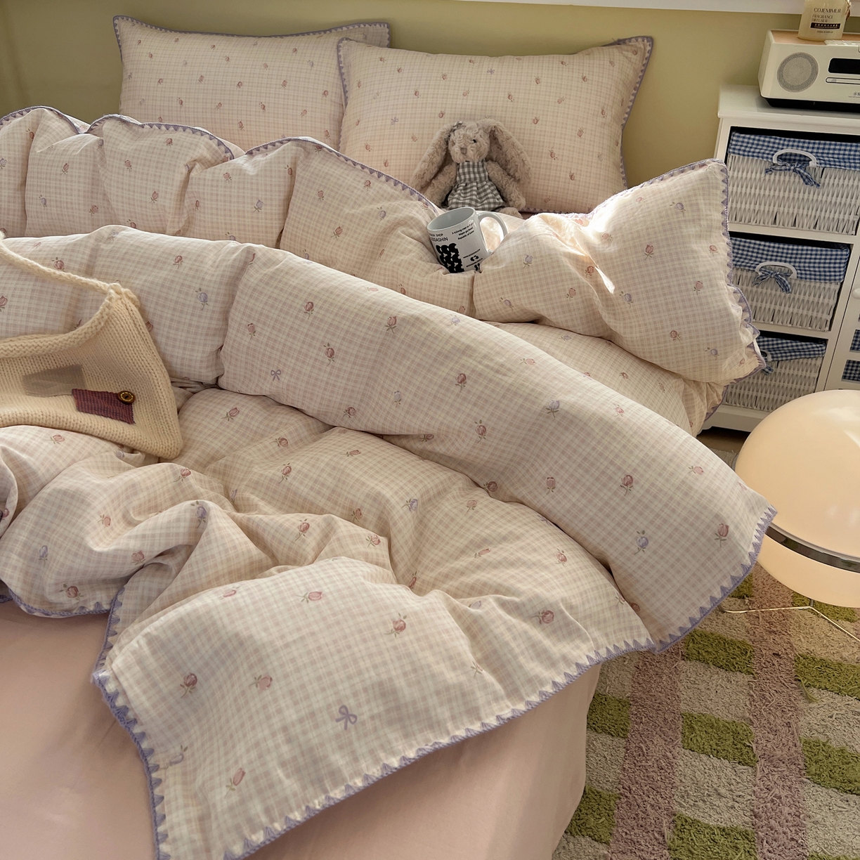 91家纺网 家纺一手货源 找家纺 曼之夏 2026新款全棉纯棉有氧双层纱贝壳边四件套 贝壳边玫瑰物语