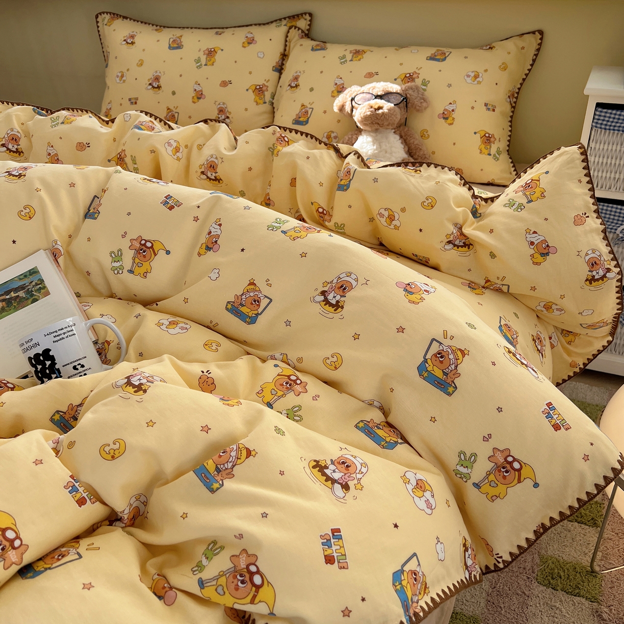 91家纺网 家纺一手货源 找家纺 曼之夏 2026新款全棉纯棉有氧双层纱贝壳边四件套 贝壳边星星人