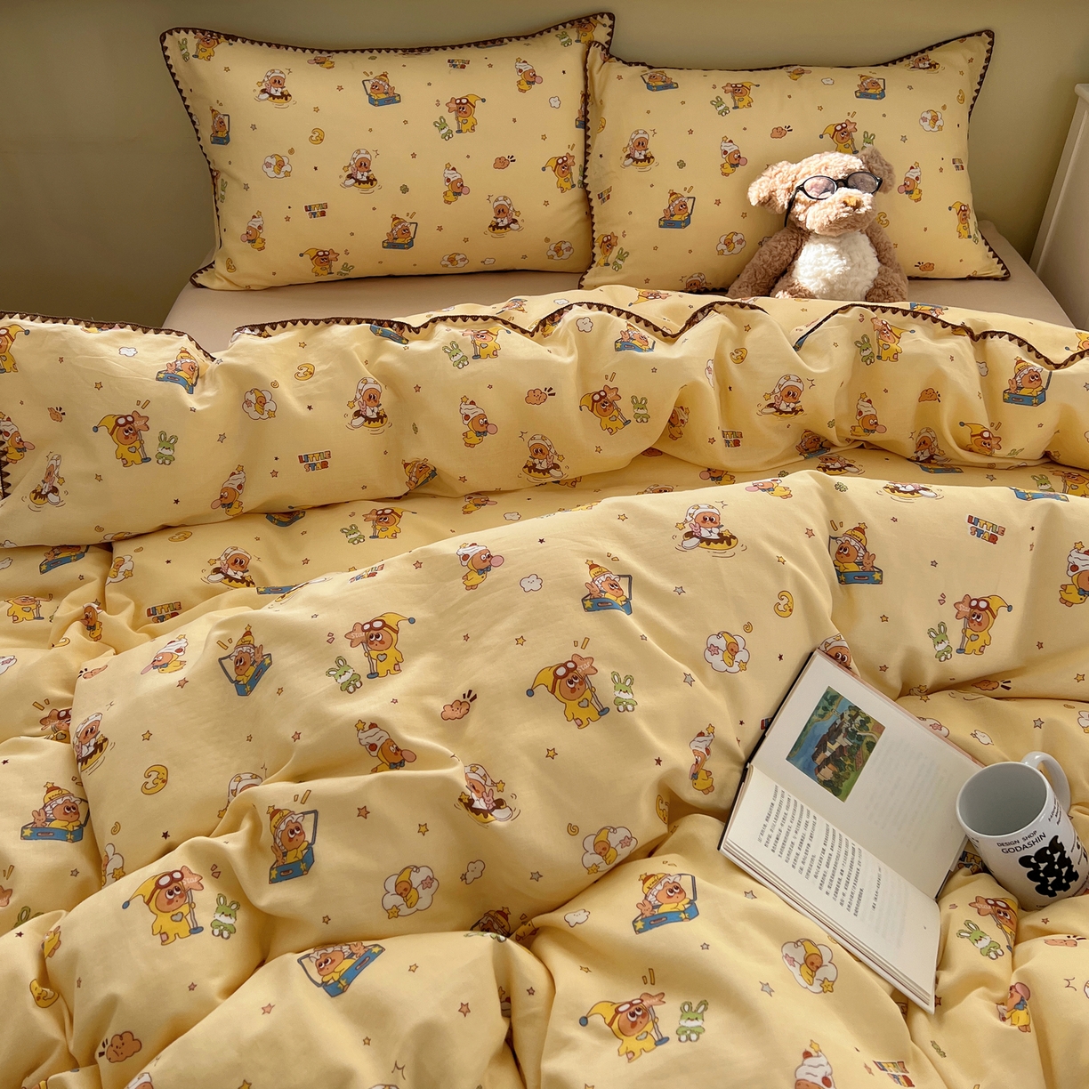 91家纺网 家纺一手货源 找家纺 曼之夏 2026新款全棉纯棉有氧双层纱贝壳边四件套 贝壳边星星人