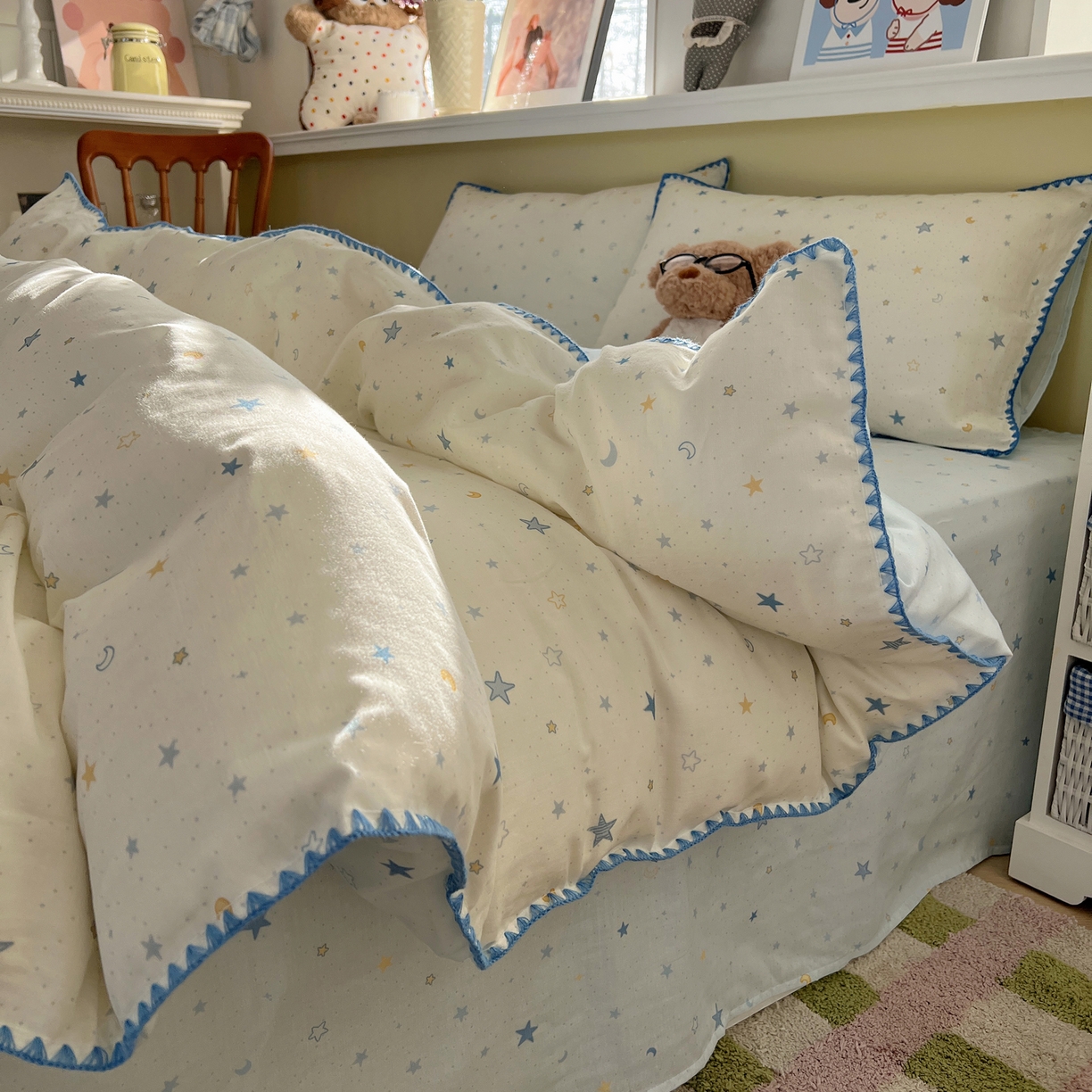 91家纺网 家纺一手货源 找家纺 曼之夏 2026新款全棉纯棉有氧双层纱贝壳边四件套 贝壳边星月