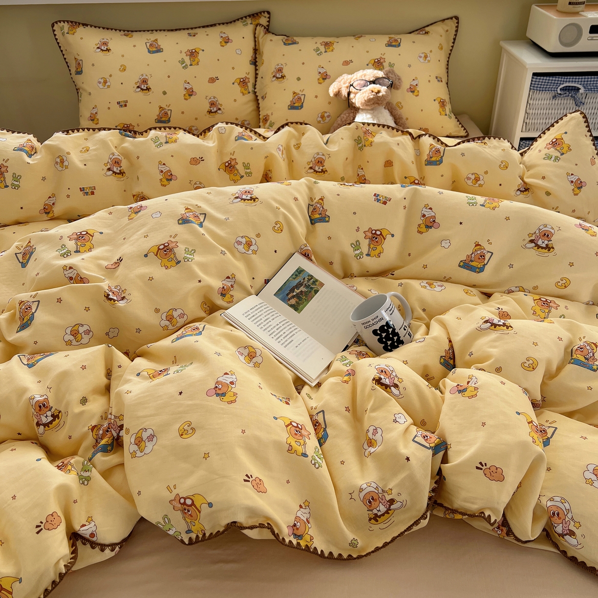 91家纺网 家纺一手货源 找家纺 曼之夏 2026新款全棉纯棉有氧双层纱贝壳边四件套 贝壳边星星人