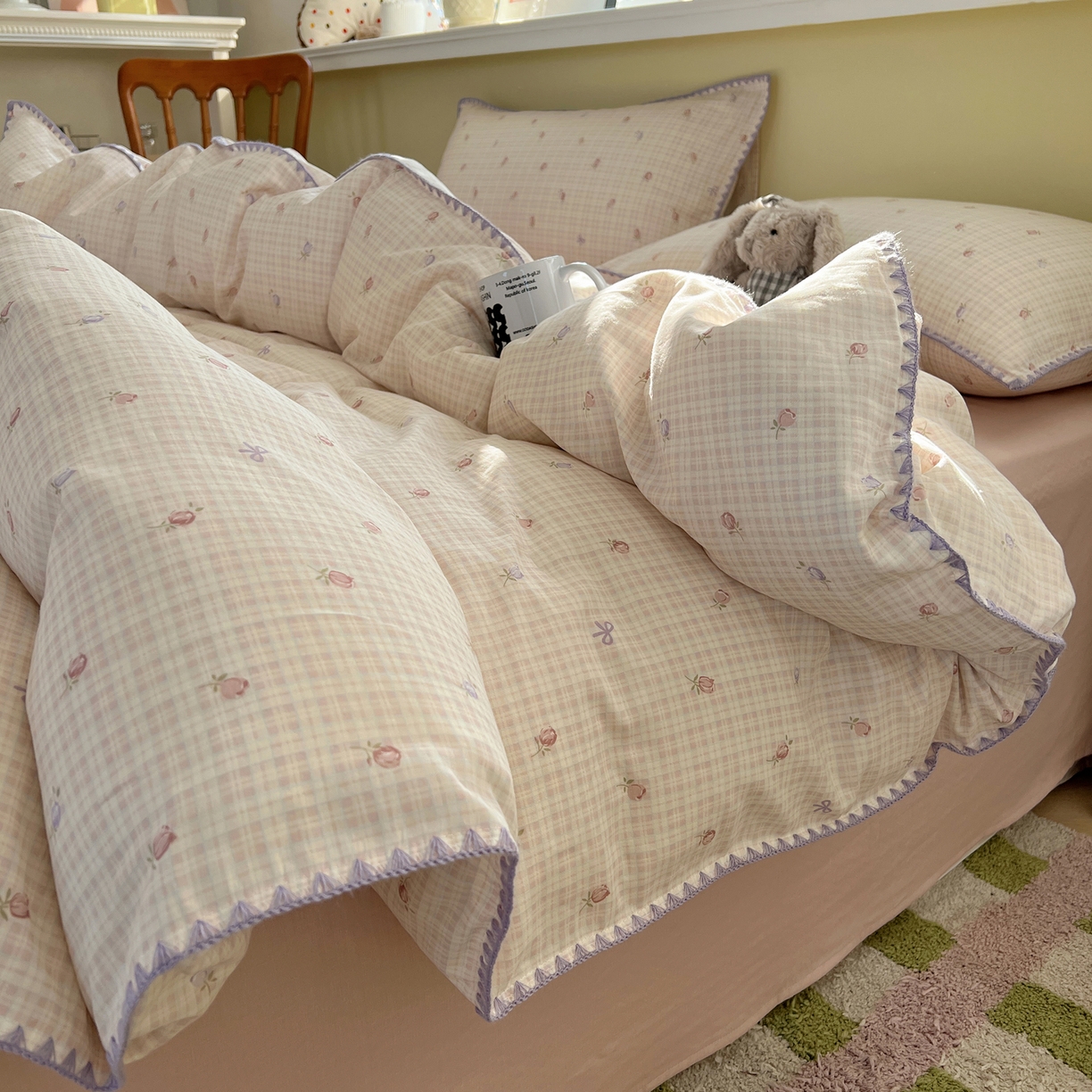 91家纺网 家纺一手货源 找家纺 曼之夏 2026新款全棉纯棉有氧双层纱贝壳边四件套 贝壳边玫瑰物语