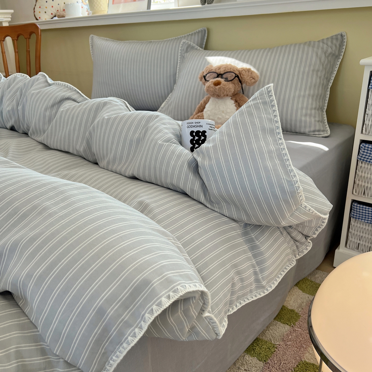 91家纺网 家纺一手货源 找家纺 曼之夏 2026新款全棉纯棉有氧双层纱贝壳边四件套 贝壳边休闲条纹