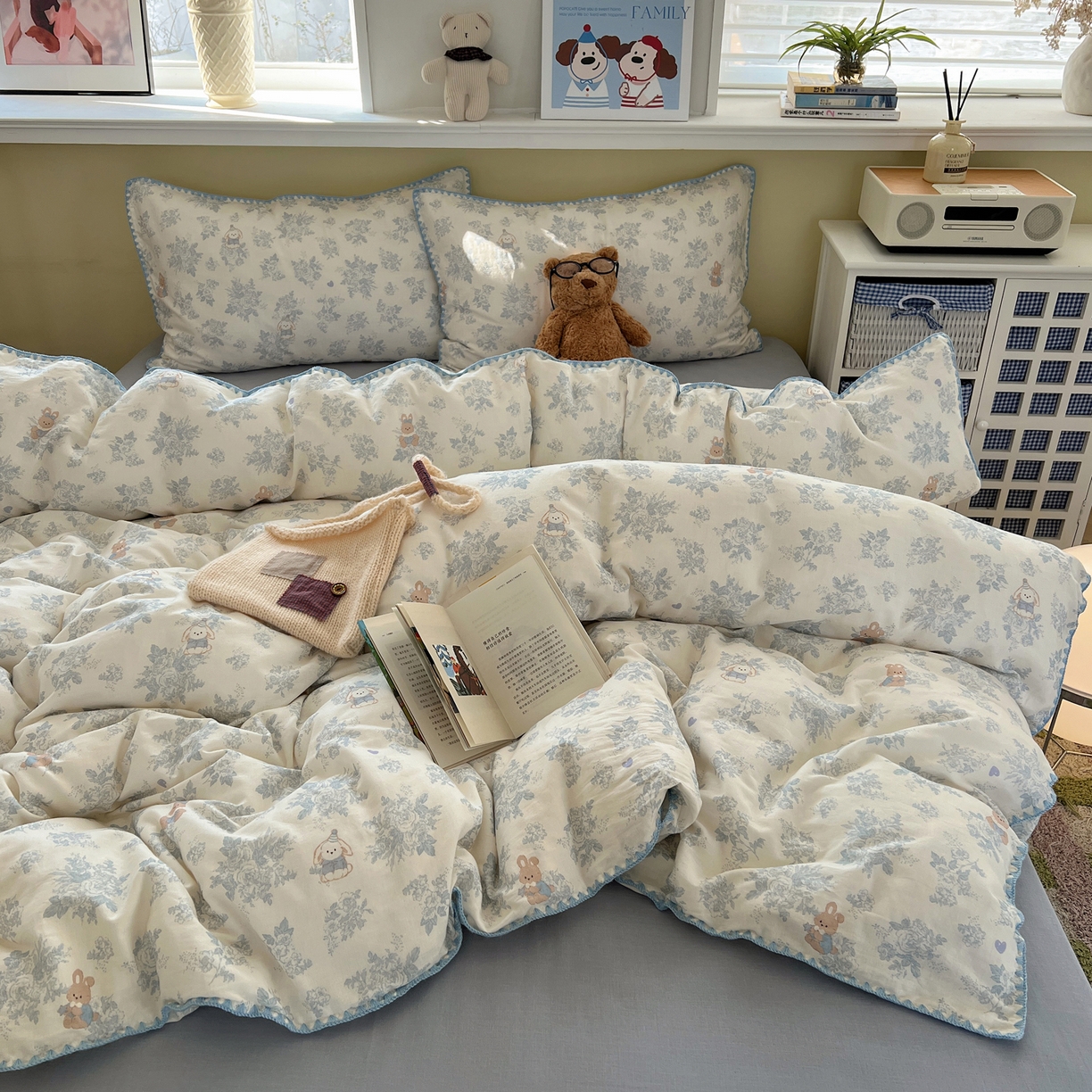 91家纺网 家纺一手货源 找家纺 曼之夏 2026新款全棉纯棉有氧双层纱贝壳边四件套 贝壳边森林兔