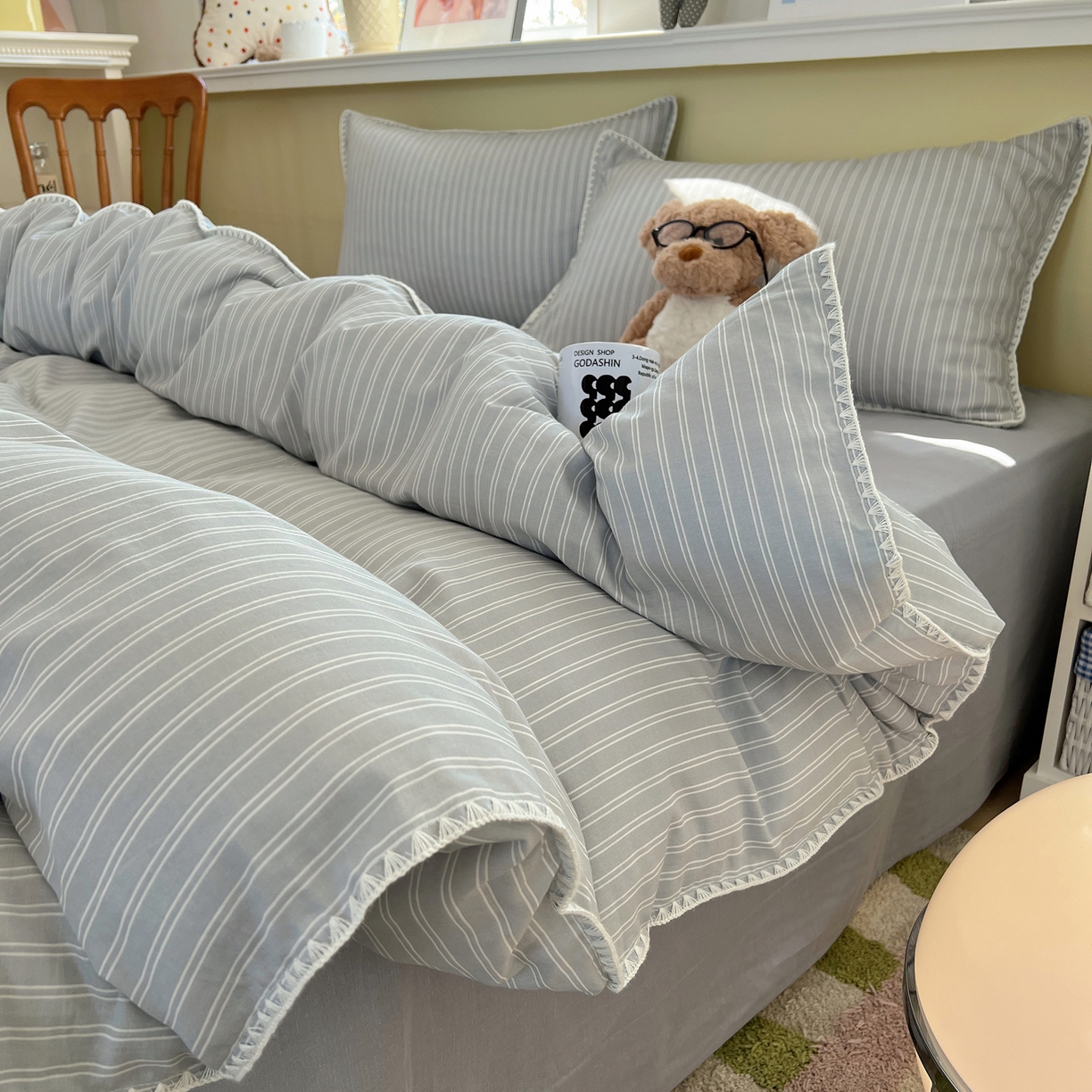 91家纺网 家纺一手货源 找家纺 曼之夏 2026新款全棉纯棉有氧双层纱贝壳边四件套 贝壳边休闲条纹