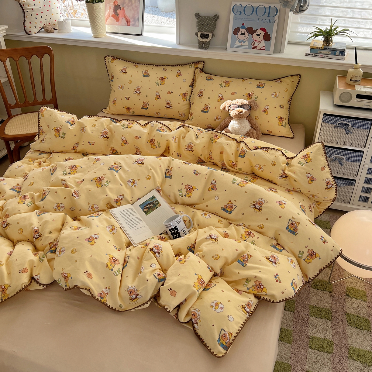 91家纺网 家纺一手货源 找家纺 曼之夏 2026新款全棉纯棉有氧双层纱贝壳边四件套 贝壳边星星人