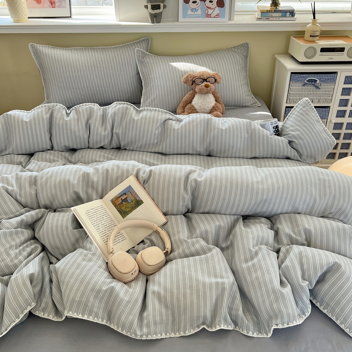 91家纺网 家纺一手货源 找家纺 曼之夏 2026新款全棉纯棉有氧双层纱贝壳边四件套 贝壳边休闲条纹