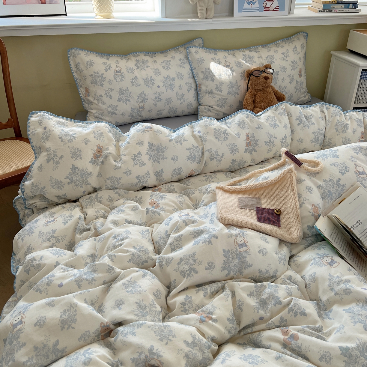 91家纺网 家纺一手货源 找家纺 曼之夏 2026新款全棉纯棉有氧双层纱贝壳边四件套 贝壳边森林兔