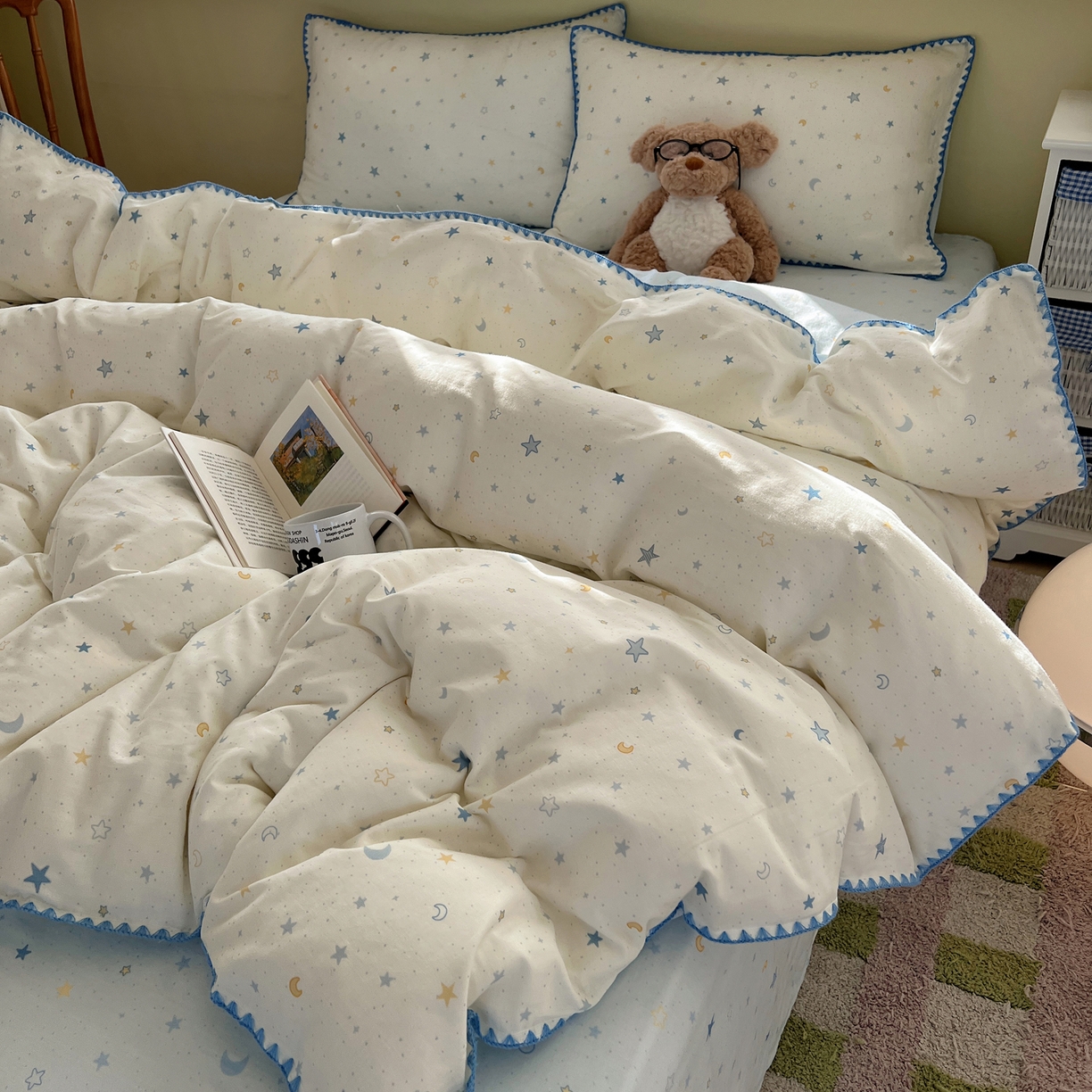 91家纺网 家纺一手货源 找家纺 曼之夏 2026新款全棉纯棉有氧双层纱贝壳边四件套 贝壳边星月