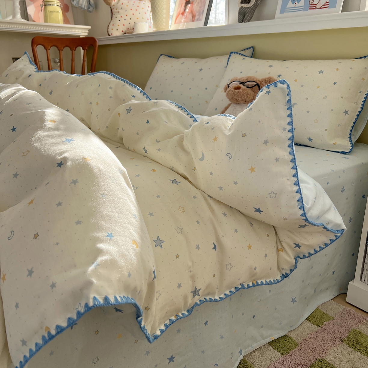 91家纺网 家纺一手货源 找家纺 曼之夏 2026新款全棉纯棉有氧双层纱贝壳边四件套 贝壳边星月