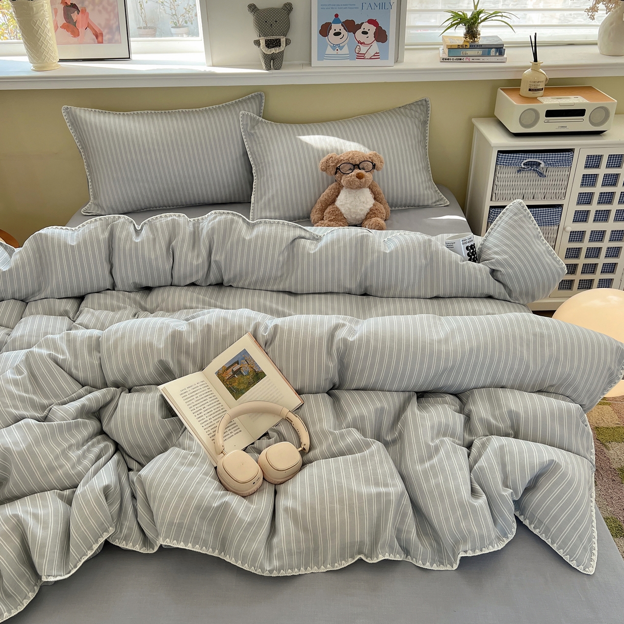 91家纺网 家纺一手货源 找家纺 曼之夏 2026新款全棉纯棉有氧双层纱贝壳边四件套 贝壳边休闲条纹