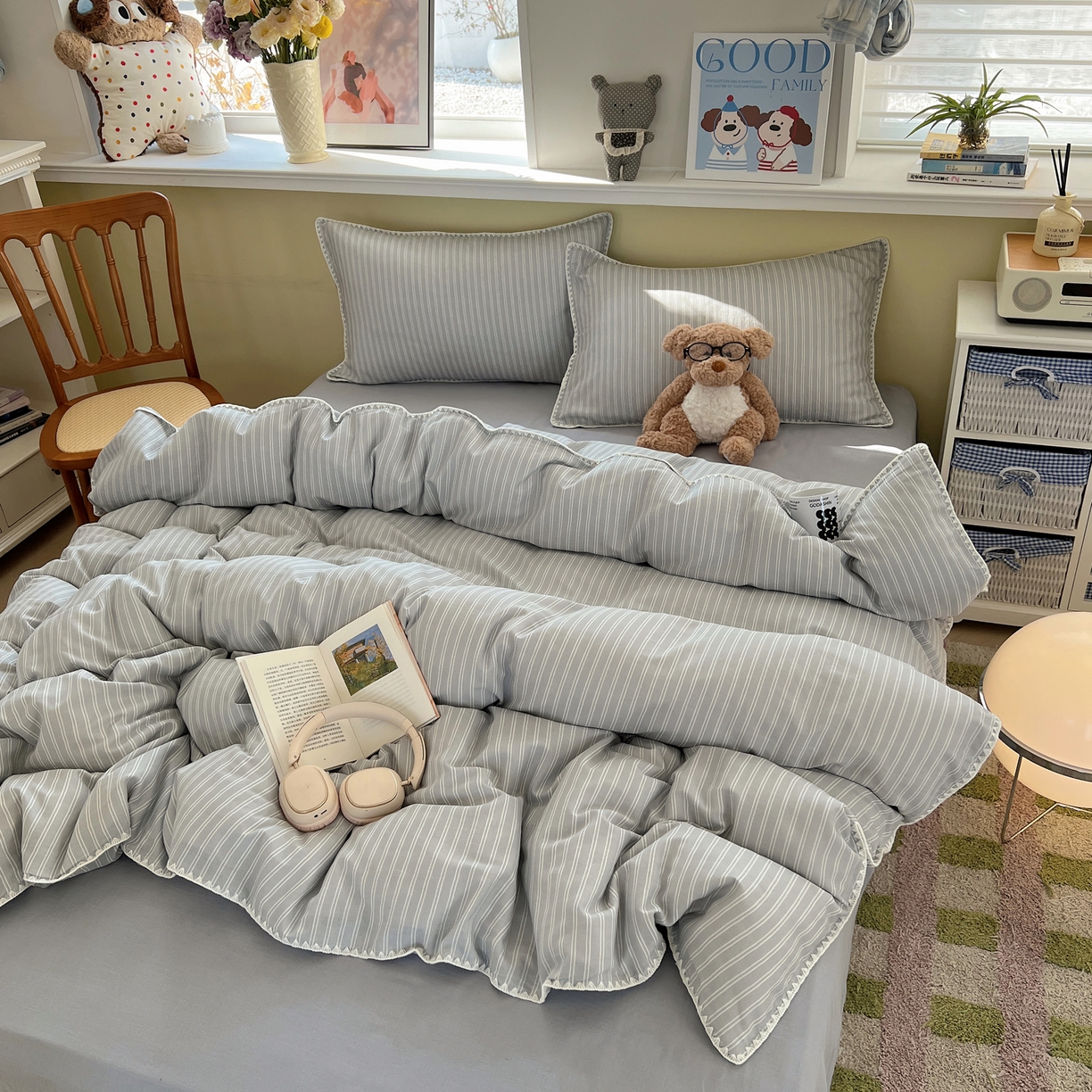 91家纺网 家纺一手货源 找家纺 曼之夏 2026新款全棉纯棉有氧双层纱贝壳边四件套 贝壳边休闲条纹