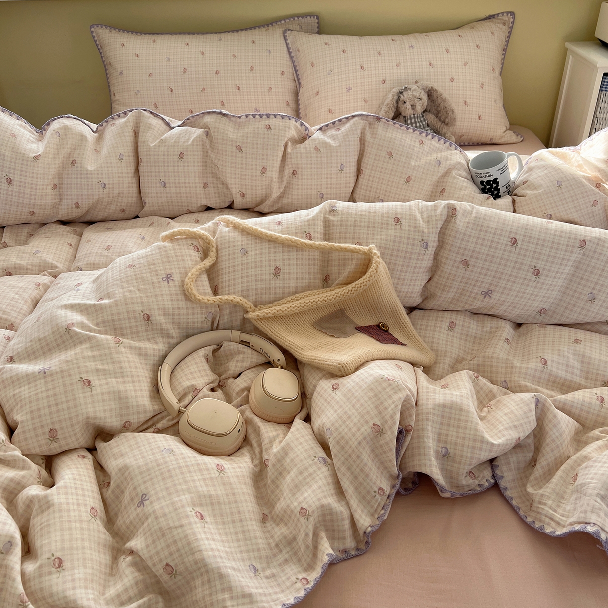 91家纺网 家纺一手货源 找家纺 曼之夏 2026新款全棉纯棉有氧双层纱贝壳边四件套 贝壳边玫瑰物语