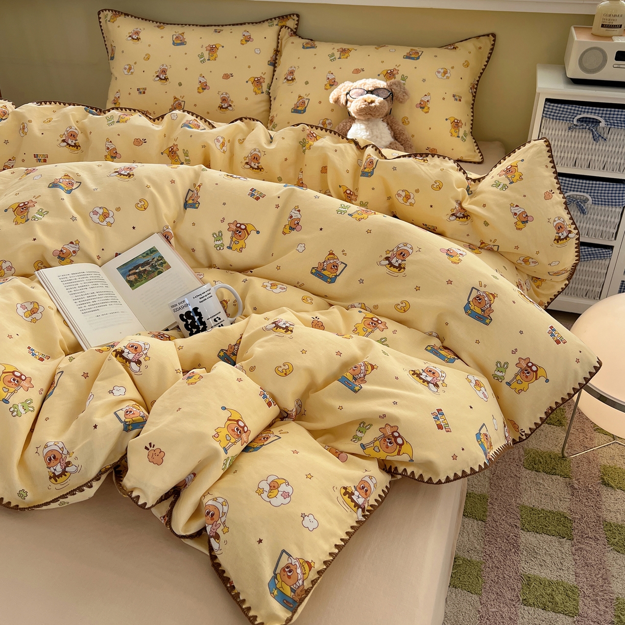 91家纺网 家纺一手货源 找家纺 曼之夏 2026新款全棉纯棉有氧双层纱贝壳边四件套 贝壳边星星人