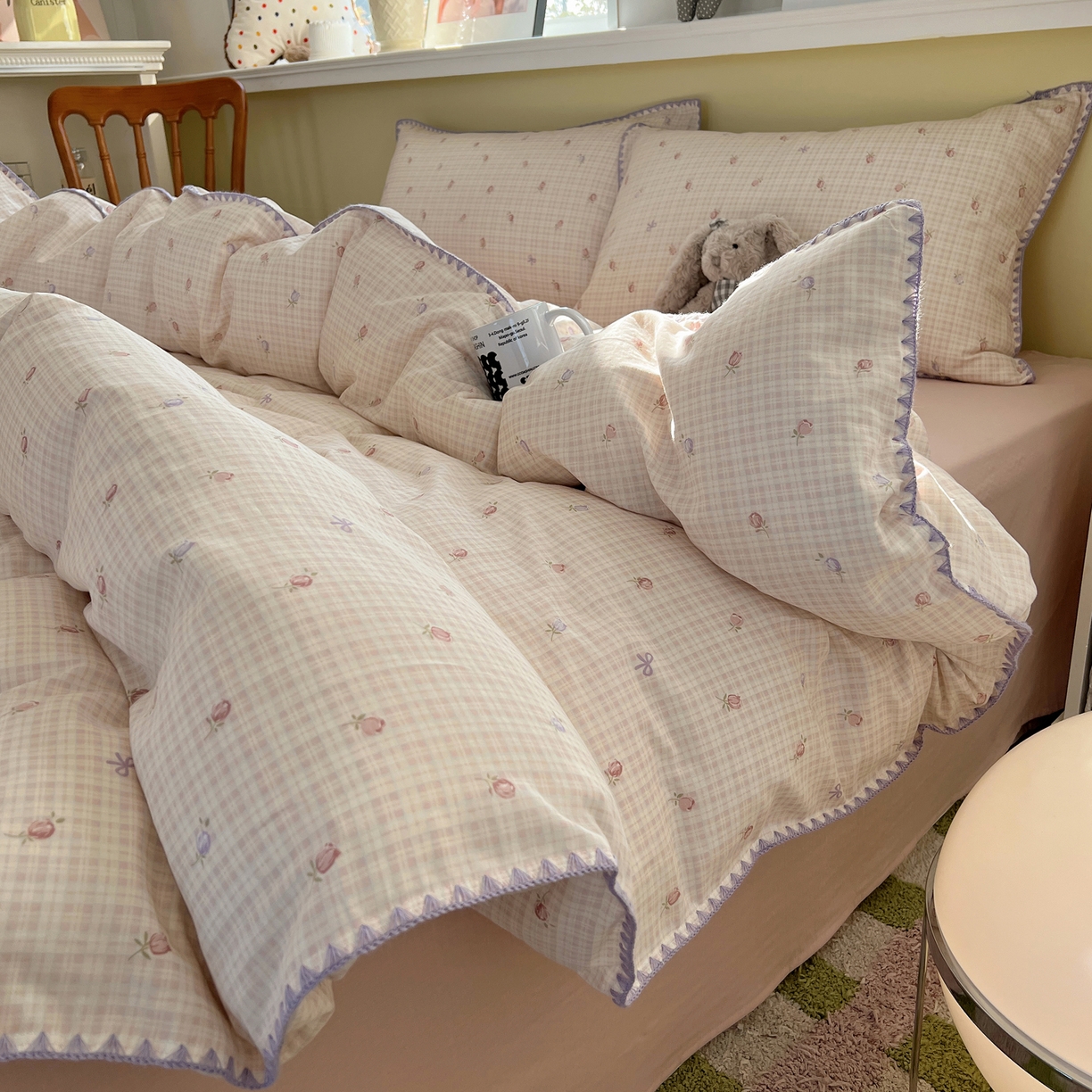 91家纺网 家纺一手货源 找家纺 曼之夏 2026新款全棉纯棉有氧双层纱贝壳边四件套 贝壳边玫瑰物语