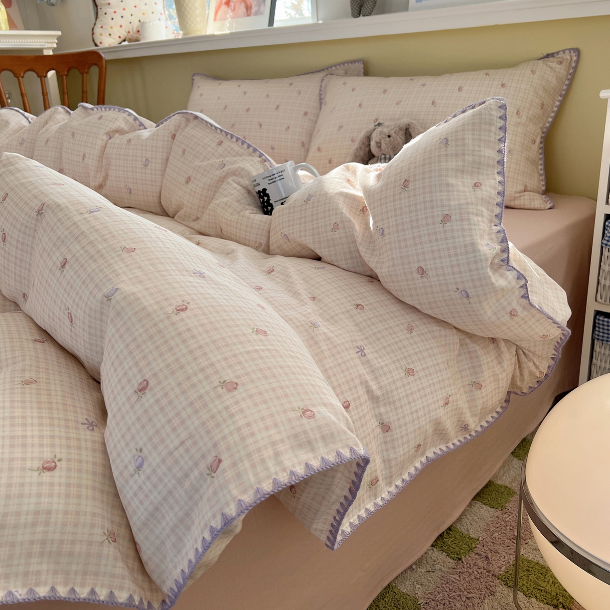 91家纺网 家纺一手货源 找家纺 曼之夏 2026新款全棉纯棉有氧双层纱贝壳边四件套 贝壳边玫瑰物语