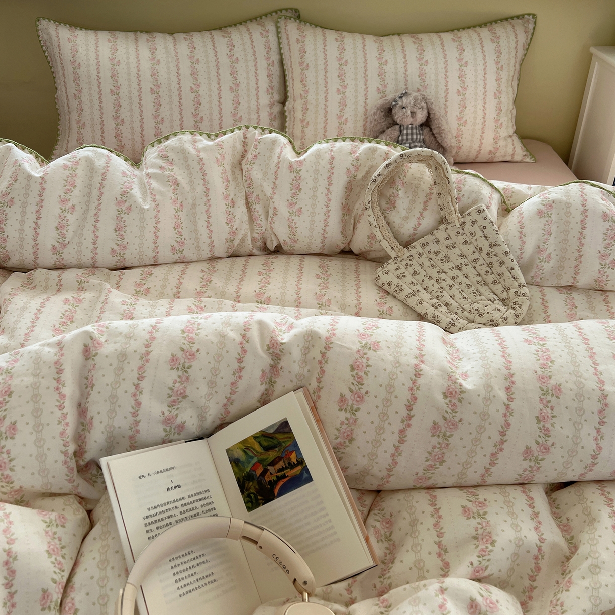 91家纺网 家纺一手货源 找家纺 曼之夏 2026新款全棉纯棉有氧双层纱贝壳边四件套 贝壳边亭亭玉立