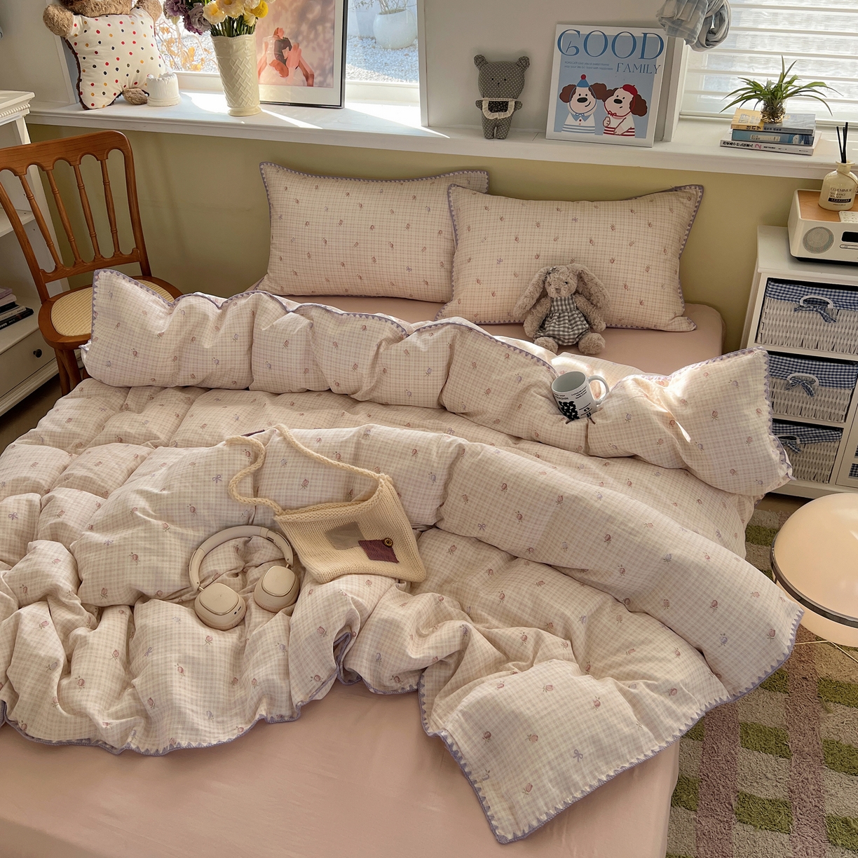 91家纺网 家纺一手货源 找家纺 曼之夏 2026新款全棉纯棉有氧双层纱贝壳边四件套 贝壳边玫瑰物语